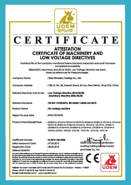 CINA Wuxi Wondery Industry Equipment Co., Ltd Sertifikasi